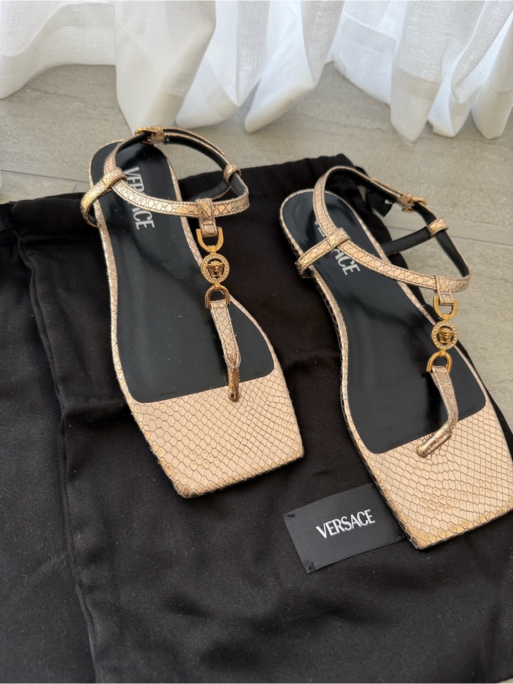 Versace Gold Snake-Embossed T-Strap Sandals with Medallion